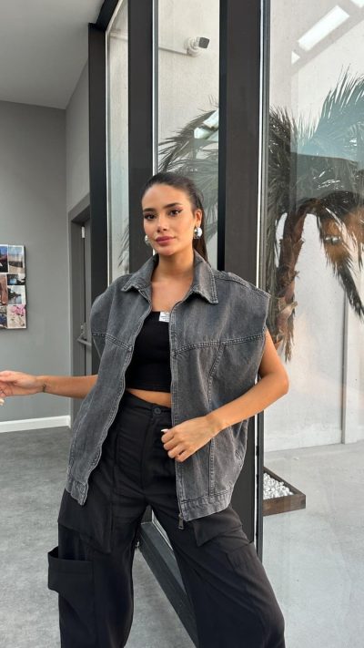 Anthracite Zippered Padded Denim Vest