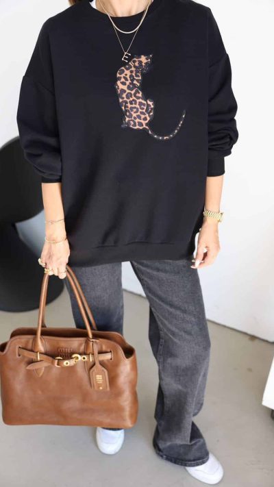 Black Leopard Embroidered Oversize Sweater