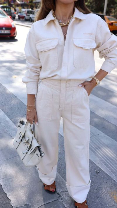 Shirt Collar Side Pocket Denim Overall