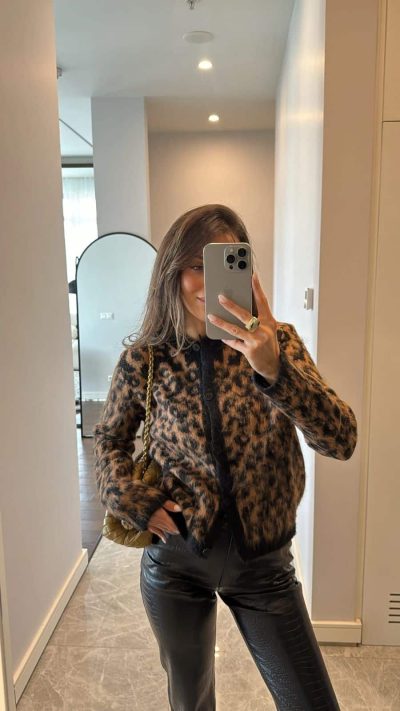 Camel Black Leopard Patterned Cardigan
