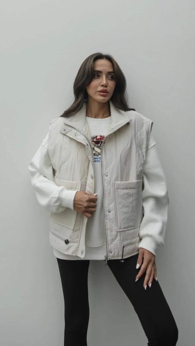 Beige Quilted Vest with Pockets