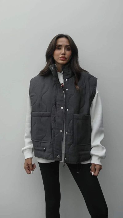 Gray Quilted Vest with Pockets