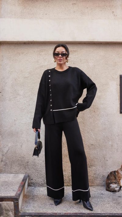 Black Side Button Detailed Knitwear Trousers Set