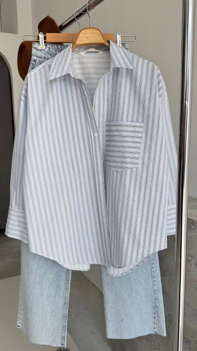 Light Blue Stripped Single Pocket Poplin Shirt