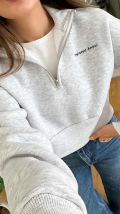 Gray Twisted Short Zippered Sweater