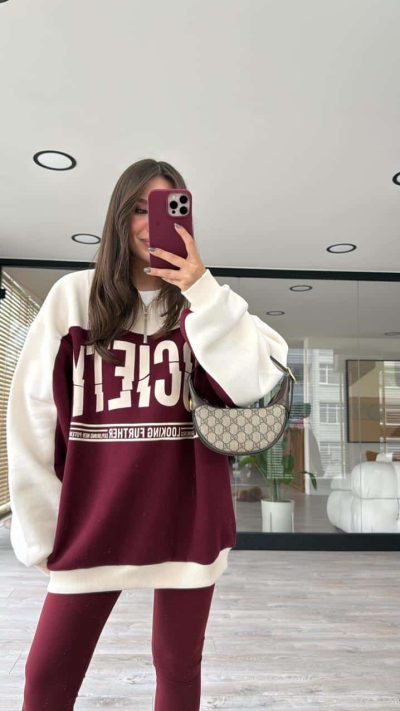 Claret Red Cream Letter Printed Stand Collar Chardon Sweat