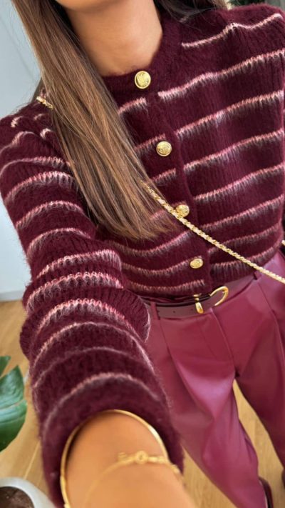 Claret Red Feathered Gold Button Striped Cardigan