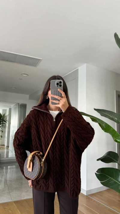 Zippered Hair Braided Premium Sweater-Brown