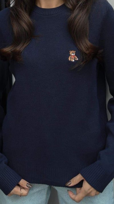 Jenna Teddy Bear Embroidered Sweater Navy