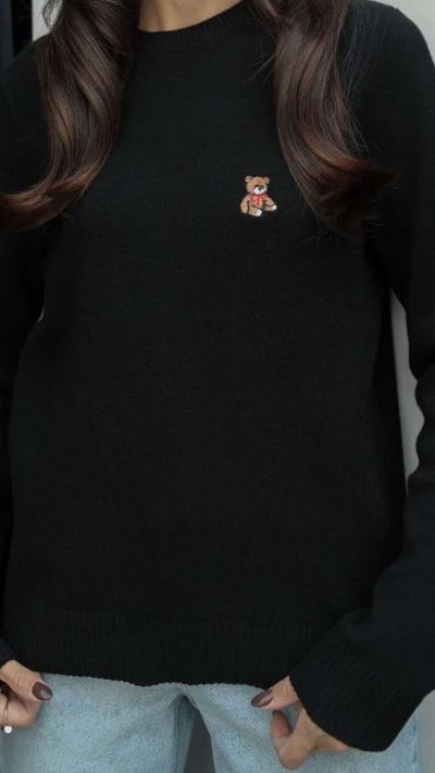 Jenna Teddy Bear Embroidered Sweater Black