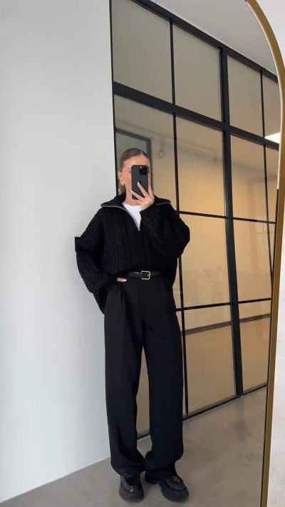 PREMIUM THICK HAIR BRAIDED HALF ZIPPERED BLACK SWEATER