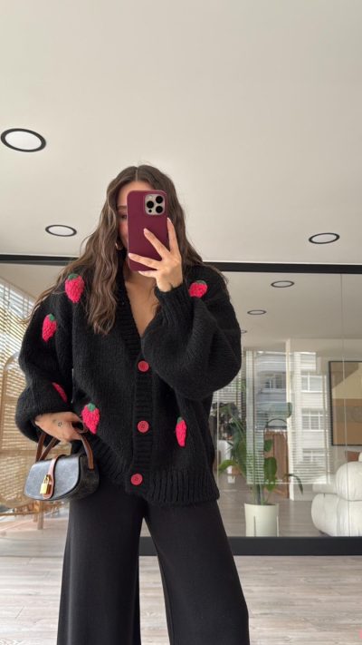 Black Strawberry Embroidered Balloon Sleeve  Cardigan