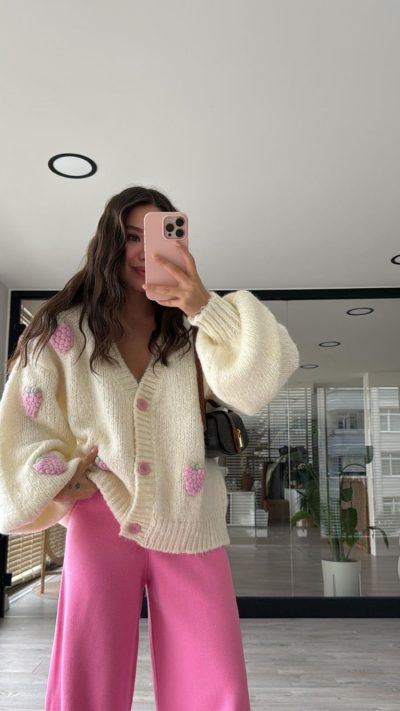 Ecru Strawberry Embroidered Balloon Sleeve  Cardigan