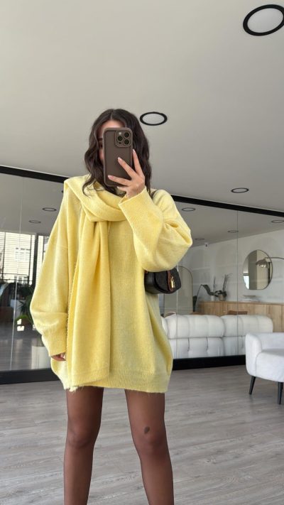 Yellow Color Crew Neck Scarf Oversize Sweater