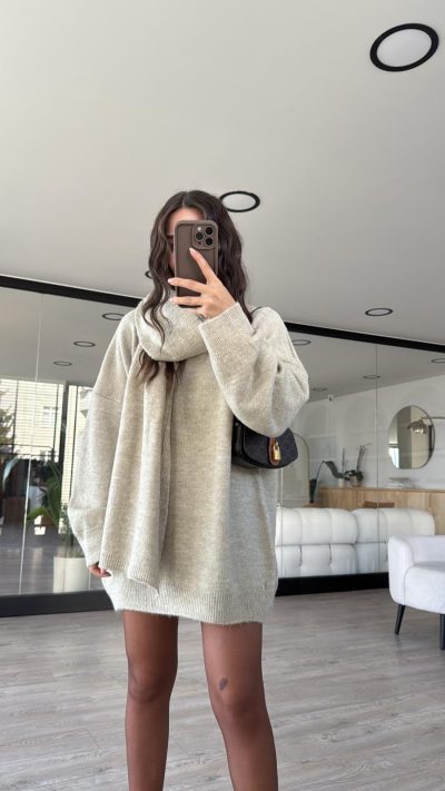 Stone Color Crew Neck Scarf Oversize Sweater