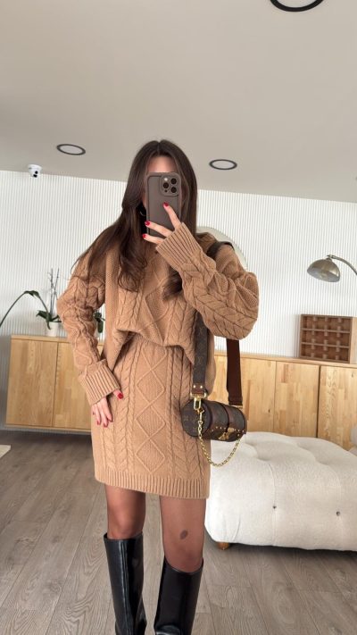 Camel Knit Detailed Skirted Knitwear Suit Standard