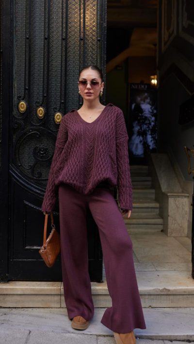 Plum Polo Collar Hair Knitted Sweater