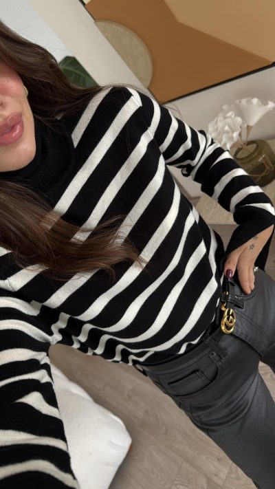Black and White Striped Turtleneck Brand Model Sweater