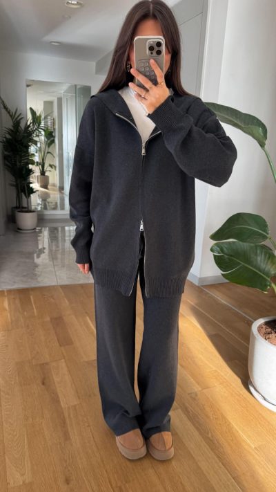 Hooded Zippered Knitwear Set-Anthracite