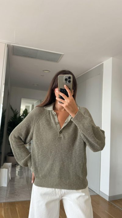 Green Polo Neck Buttoned Knitwear