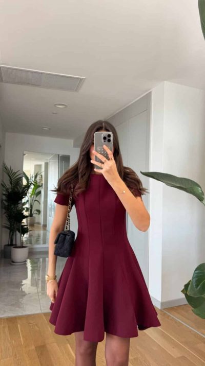 Ruffled Mini Bell Dress - Claret Red