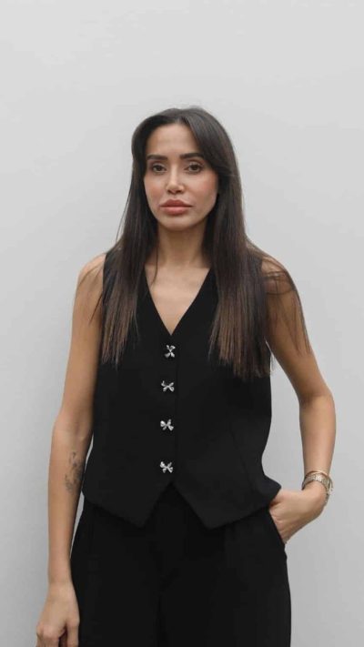 BLACK BOW BUTTONED VEST TROUSERS SET
