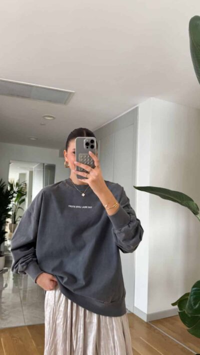 Back Stoned Anthracite Washing Oversize Sweatshirt