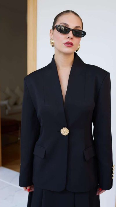 Black Big Gold Buttoned Front Decorative Pocket Blazer Jacket