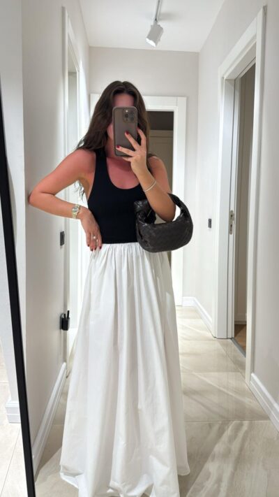 Black and White Elastic Waist Strappy Dress