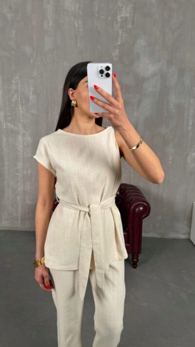 Stone Shoulder Detailed Belted Linen Set