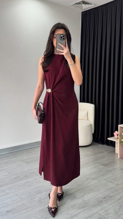 Burgundy Zero Sleeve Gold Detailed Slit Dress