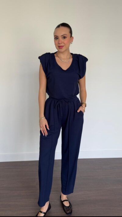 Shoulder Wadded Sensual Fabric Navy Blue Set