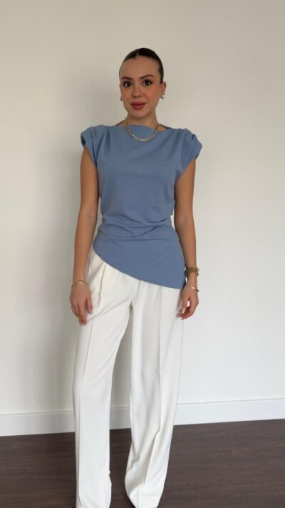 Blue Blouse with Shoulder Wadded Side Slit Detail