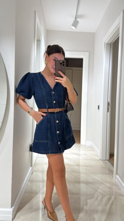 Navy Blue Balloon Sleeve Front Buttoned Jean Dress