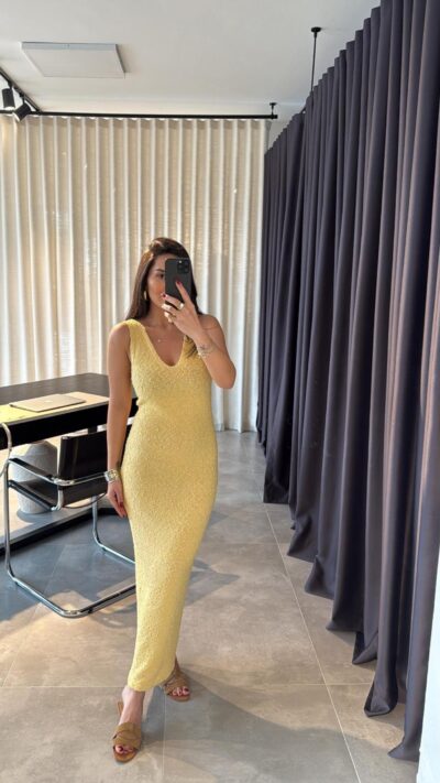Yellow V Neck Textured Dress