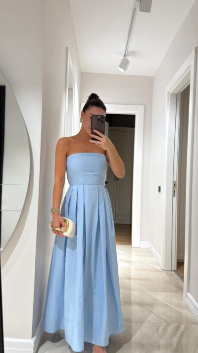 Blue Strapless Pleated Detailed Long Dress