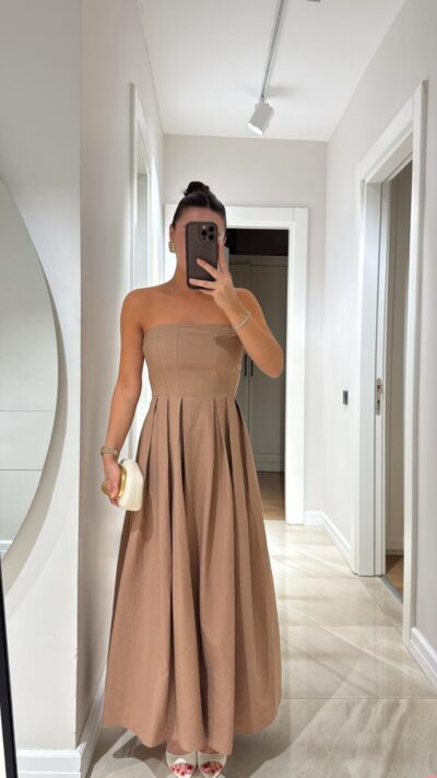 Brown Strapless Pleated Long Dress