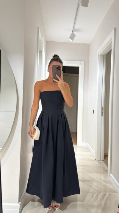 Black Strapless Pleated Long Dress