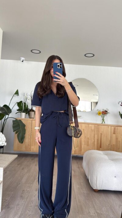 Navy Blue Polo Collar Brand Model Trouser Set