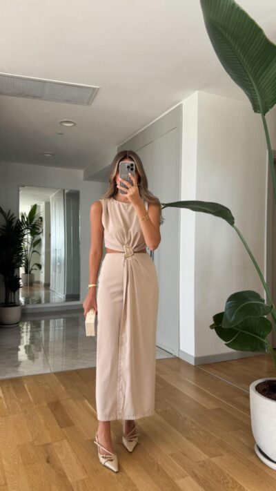 Mila Buckled And Neckline Dress - Beige