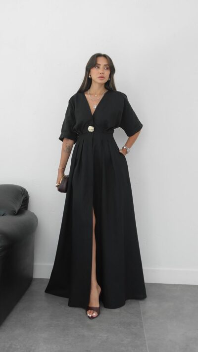 BLACK GOLD ACCESSORISED RAW LINEN DRESS