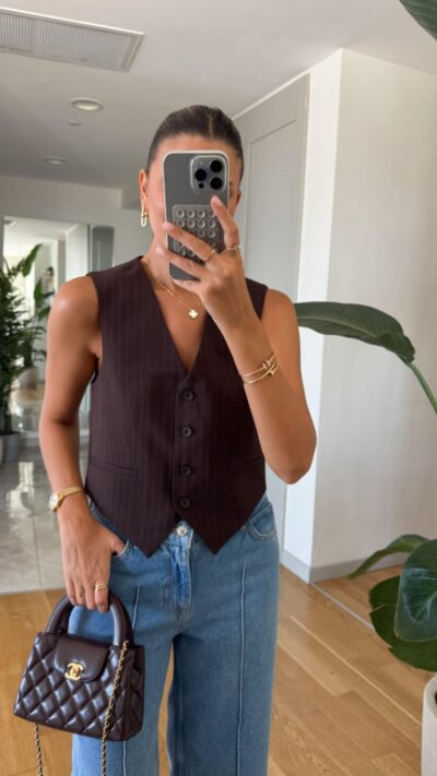 Brown Blue Striped Pocket Detailed Vest