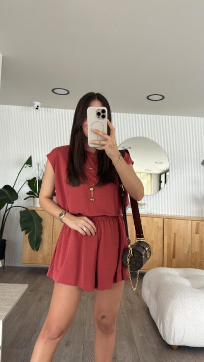 Tile Back Detailed Rubberised Shorts Jumpsuit