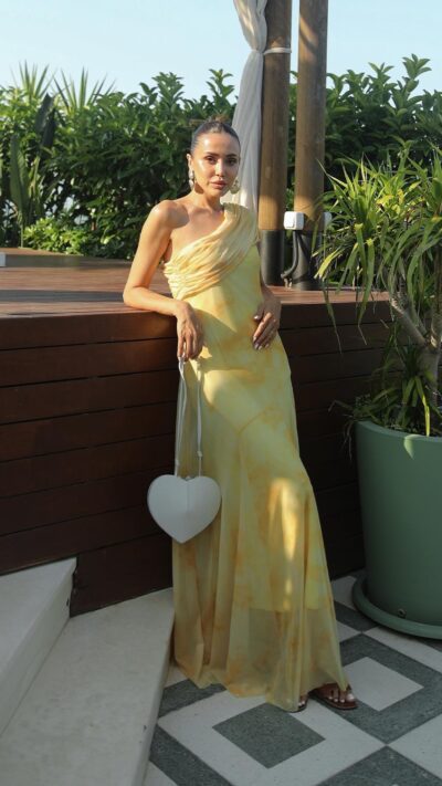 YELLOW PATTERN ONE SHOULDER CHIFFON DRESS