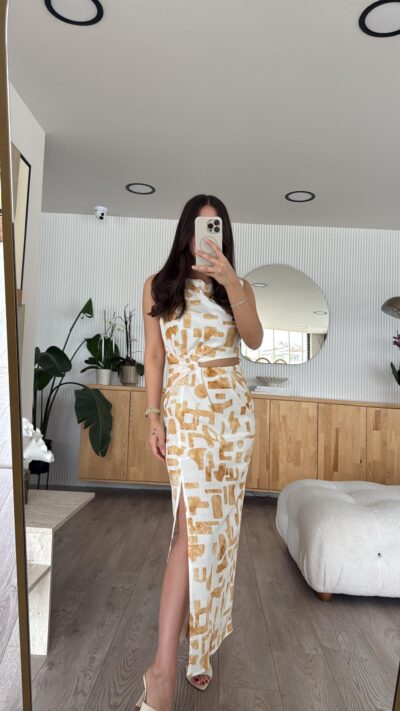 Ecru Yellow Waist Detailed Draped Linen Dress