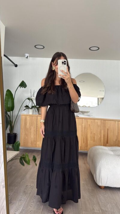 Black Madonna Collar Embroidery Detailed Dress