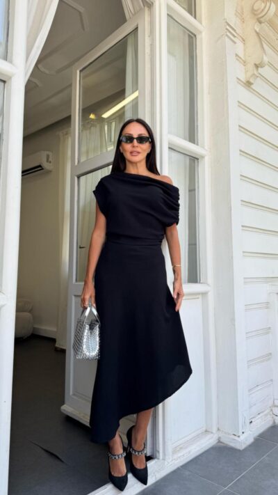 Black Shoulder Draped Dress