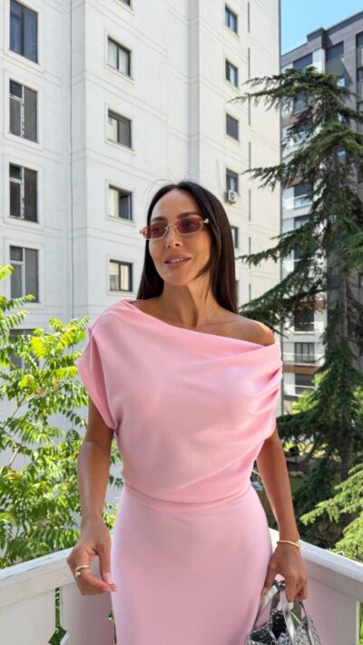 Pink Shoulder Draped Dress
